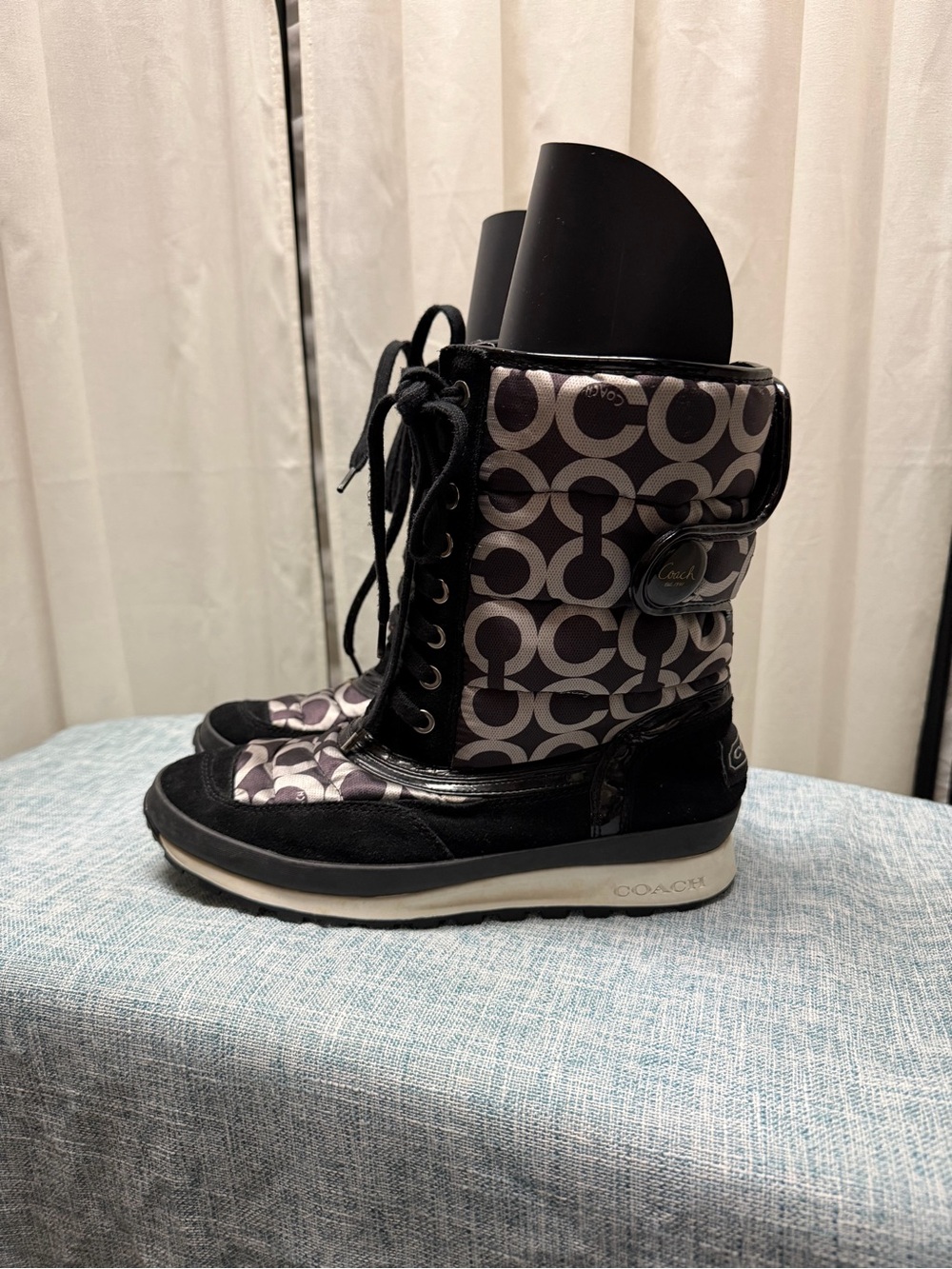 Coach Signature C Monogram Lace-Up Winter Boots Black Gray Women’s 8.5